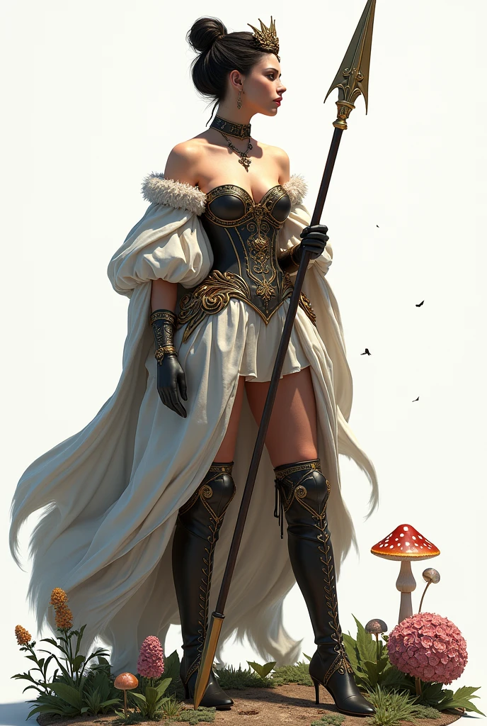 ((Extremely detailed)),(Extremely detailed),(), Chiaroscuro, Extremely detailed CG unity 8k wallpaper, Gwendolyn, Hip feathers, Holding lever arm,  Off-shoulder dress, crown, Separate sleeves, Necklace, Armor over the knee boots, Feather bun, Future-proof, Looking at the audience, White background, Vulnerabilities, Butterfly, Grass, Hydrangea, leaf, mushroom, nature, plant, apple, Look away, look up, from above,