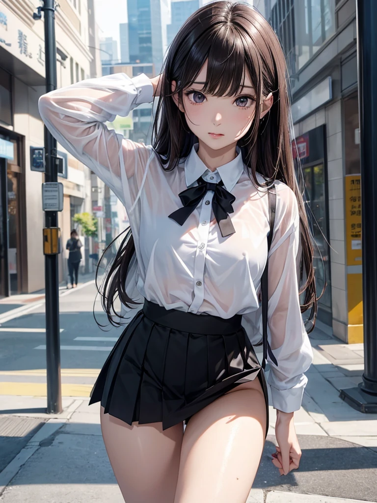 ((((Best Quality, 8K, 32K, masterpiece, 1.2)))),{{solo}},nsfw,{{{Artist: GirlfriendMix's style}}},((perfect beautiful face:1.2)), wearing , windy skirt, showing panties, embarrass, see through panties, ((a lot of public hairs:1.3)),