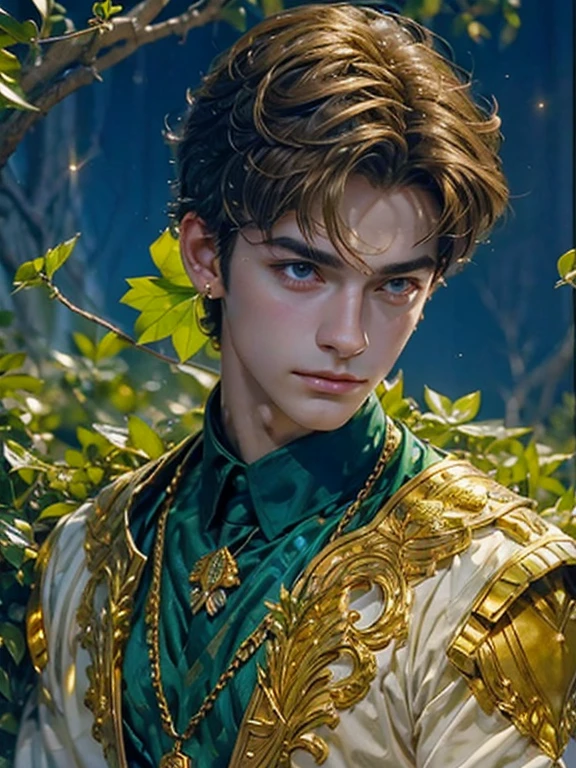 
Portrait of a beautiful boy ,  close-up of a sparkling golden long necklace in the shape of clover leaves on a man's neck,  until his hand reaches the necklace .  gold hair ornaments .  The surrounding space is filled with glowing tiny gold particles ,  loose royal shirt of a sparkling emerald .