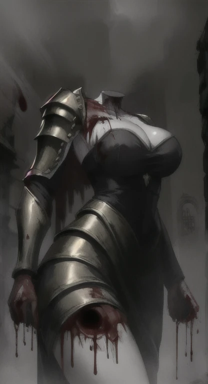 Idina the, Headless girl, zombie, blood covered neck, pale skin, gushing blood, heavy armor, foggy medieval town,