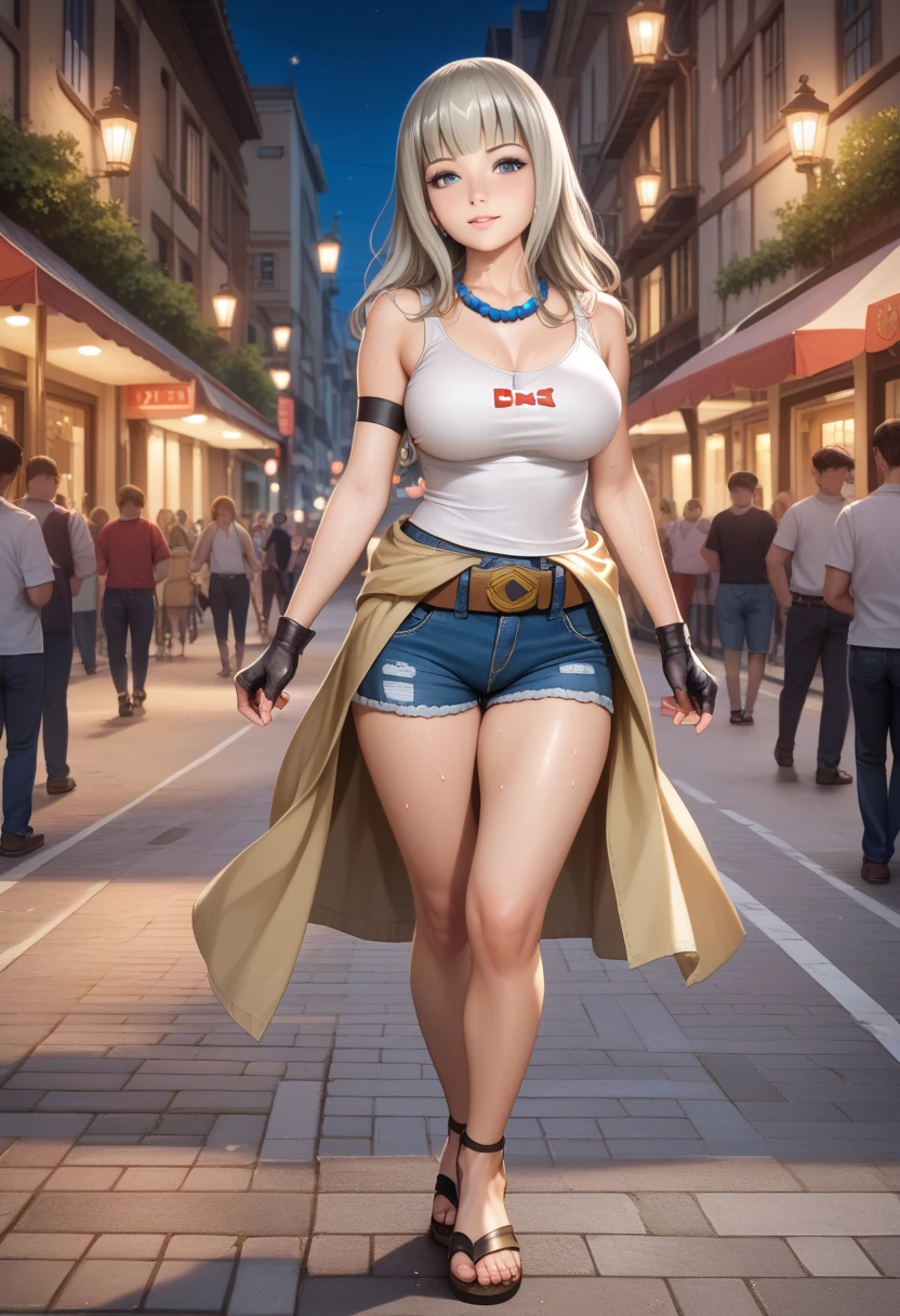 BREAK ( Highly detailed CG Unity 8k wallpaper, top quality, super detailed, masterpiece, realistic, photorealistic, highly detailed, BREAK 1girl, Kaguya Kawasumi, blond hair, long hair, large breast, light gray tank top with text, blue denim fabric hotpants, Buddhist prayer beads necklace, sandals, brown wide belt around waist, black arm band, black short fingerless glove),  BREAK (full-body shot:1.2), sweat, walk, BREAK outdoors, medieval city main street, crowd,night,road,