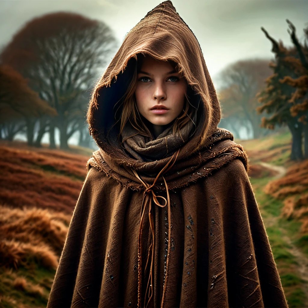 photorealistic, 35mm, intricate details, hdr, hyperdetailed, natural skin texture, hyperrealism, sharp, 1 girl, Masha, young, 18 years old. naked, skinny, slim waist, small breasts, freckles, blue eyes, doe eyes, light brown layered hair, long brown cloak flapping in the wind, hood, naked body under the cloak, full body portrait, looking at viewer, solo, detailed background, witch hat, witch, magical atmosphere, hair flowing in the wind, whirlwind of swirling magic spell in the air, dark magic,