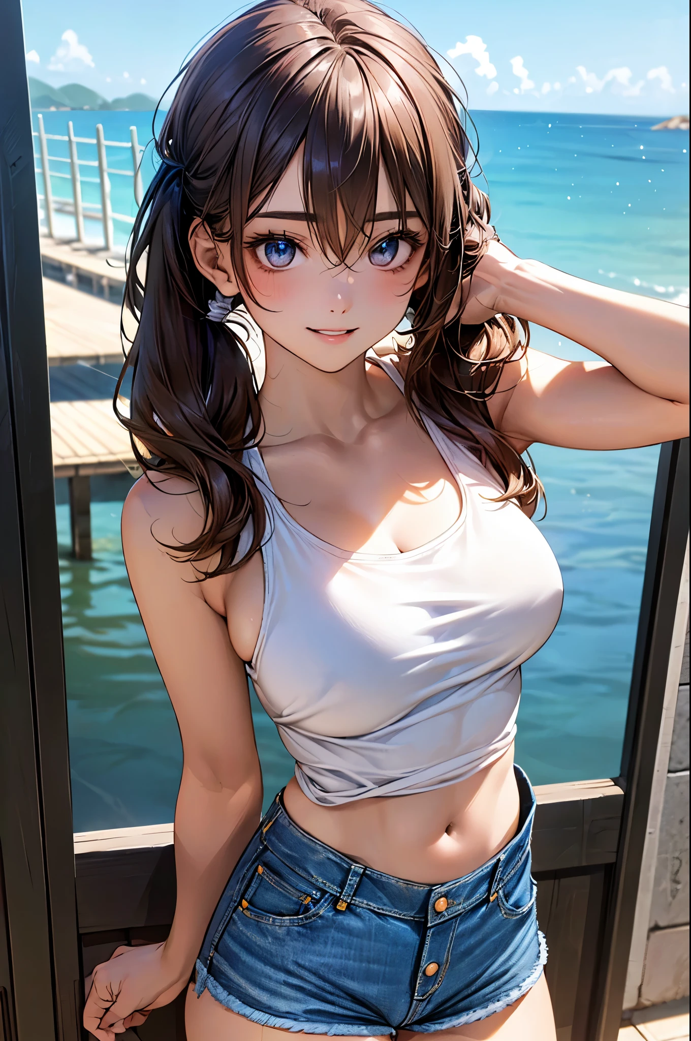 （Lifelike， hight resolution：1.3）， 1 girl with a perfect body， super fine face and eyes，length hair， Random Color Oversized Tank Top：1.2，Tight pants，exposing large cleavage、(Put your hands on your chest:1.3)、sexy smiling、a necklace、A bracelet