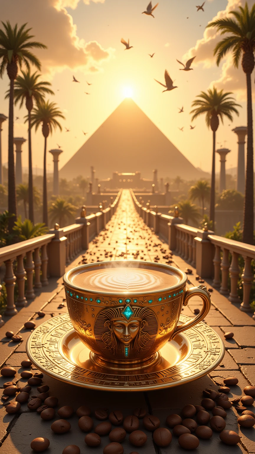 Realistic illustration for advertising , , 1 very short and low coffee cup made of polished gold ,  In the center of the coffee mug, the three-dimensional Eye of Horus motif is engraved ,  The area around the eye of Horus pattern is a hieroglyphic pattern ,  The top rim of the glass is adorned with luminous turquoise diamonds arranged in an orderly horizontal way. , . Inside the coffee mug there is a glossy black hot Americano coffee cup. ,  There is coffee smoke billowing out of the coffee mug elegantly but still looking natural. ,  The view of the image clearly shows the hot Americano coffee water inside the coffee cup , The coffee cup holder ear is on the right hand , A coffee mug is placed on a coffee coaster made of polished gold , The coffee saucer engraved with the heroic motif ,  The area around the coffee cup contains the same size of complete coffee beans placed together naturally inside the coffee saucer. , . The area around the coffee saucer contains complete coffee beans of the same size in large numbers, placed together naturally on the street floor.,  Coffee cups and coffee coasters are located on the ancient Egyptian stone road in the lower center position of the image , THE ANCIENT EGYPTIAN STONE ROAD IS A VERY HIGH-RISE BRIDGE CONNECTED FROM THE CENTRAL POSITION OF THE BACKDROP.,  The background is the great Pyramid of Giza, mixed with A variety of Roman columns and a harmoniously ornate Babylonian floating garden, On the left and right are large palm trees lined up to the background of the image , , the details of the architecture behind can be seen in detail and clearly through the perspective seen from the front. ,  in the sunset sky. A large and glorious morning that is shining brightly over every corner of the image , . The atmosphere of the picture is covered with a warm and soft morning golden light. ,  In the sky there are bright morning clouds , In the sky there are many flying birds 