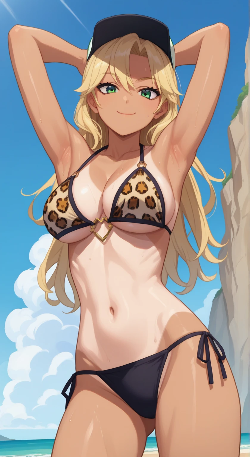 score_9, score_8_up, score_7_up, source_anime, anime screencap, 1girl, solo, xilonen, long hair, blonde hair, green eyes, make up, tan skin, leopard bikini, side tie bikini, thighs, bellybutton, arms up, raised arms, armpits, from below, looking at viewer, head towards viewer, smile, closed mouth, badhandv4, outdoors, day, beach, large breasts, sweating a lot