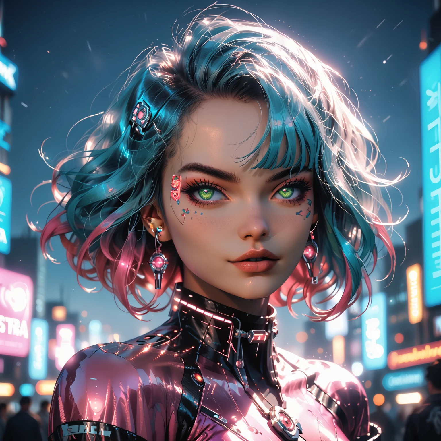 

"Create a breathtaking, dynamic scene of a mystical, cyberpunk cityscape at dusk, with a bold, striking female protagonist standing atop a sleek, neon-lit skyscraper

The protagonist has short, spiky hair with vibrant, electric blue highlights and piercing emerald green eyes. She wears a sleek black and neon pink jumpsuit, complete with intricate, glowing circuitry patterns and a flowing, wispy cape.

In the background, the cityscape is alive with vibrant, pulsing neon lights, holographic advertisements, and towering, futuristic skyscrapers. The sky is a deep, fiery orange, with hues of pink and purple.

Incorporate intense, dramatic lighting with bold shadows and radiant highlights. Add intricate, detailed textures to the protagonist's costume, the skyscraper, and the cityscape.

Key terms: Ultra-detailed, full focus, cinematic lighting, vibrant colors, dynamic pose, intricate textures, futuristic, cyberpunk, neon-lit, mystical, bold, striking, piercing eyes, flowing cape, glowing circuitry, holographic, radiant highlights, bold shadows, dramatic lighting."Anime, Anime Style, Character Design, Hyperdetailed, Icon Style, Pixel Art, Depth Of Field, Emphasis Lines, UHD, High Quality, Accurate, Award Winning, Masterpiece.