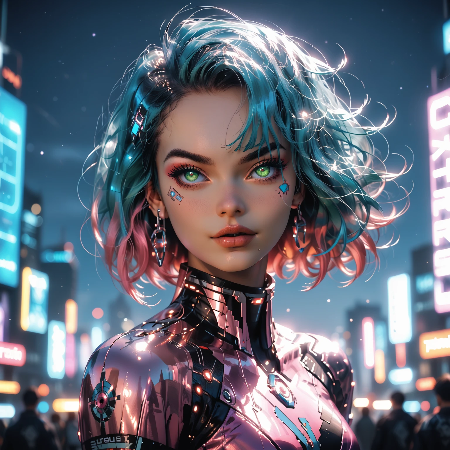 

"Create a breathtaking, dynamic scene of a mystical, cyberpunk cityscape at dusk, with a bold, striking female protagonist standing atop a sleek, neon-lit skyscraper

The protagonist has short, spiky hair with vibrant, electric blue highlights and piercing emerald green eyes. She wears a sleek black and neon pink jumpsuit, complete with intricate, glowing circuitry patterns and a flowing, wispy cape.

In the background, the cityscape is alive with vibrant, pulsing neon lights, holographic advertisements, and towering, futuristic skyscrapers. The sky is a deep, fiery orange, with hues of pink and purple.

Incorporate intense, dramatic lighting with bold shadows and radiant highlights. Add intricate, detailed textures to the protagonist's costume, the skyscraper, and the cityscape.

Key terms: Ultra-detailed, full focus, cinematic lighting, vibrant colors, dynamic pose, intricate textures, futuristic, cyberpunk, neon-lit, mystical, bold, striking, piercing eyes, flowing cape, glowing circuitry, holographic, radiant highlights, bold shadows, dramatic lighting."Anime, Anime Style, Character Design, Hyperdetailed, Icon Style, Pixel Art, Depth Of Field, Emphasis Lines, UHD, High Quality, Accurate, Award Winning, Masterpiece.