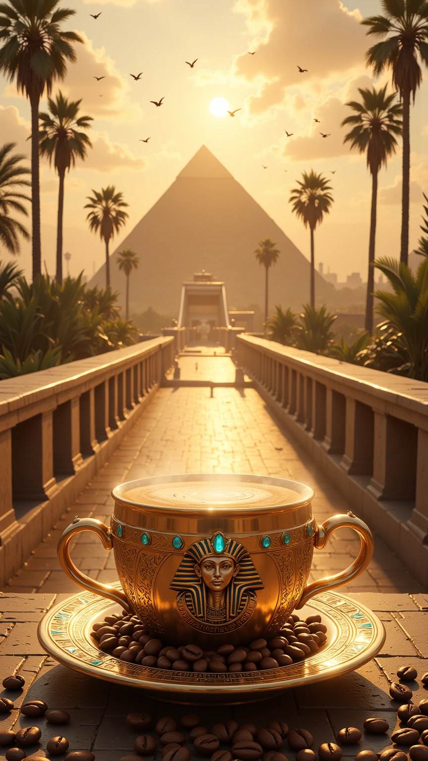 Realistic illustration for advertising , , 1 very short and low coffee cup made of polished gold ,  In the center of the coffee mug, the three-dimensional Eye of Horus motif is engraved ,  The area around the eye of Horus pattern is a hieroglyphic pattern ,  The top rim of the glass is adorned with luminous turquoise diamonds arranged in an orderly horizontal way. , . Inside the coffee mug there is a glossy black hot Americano coffee cup. ,  There is coffee smoke billowing out of the coffee mug elegantly but still looking natural. ,  The view of the image clearly shows the hot Americano coffee water inside the coffee cup , The coffee cup holder ear is on the right hand , A coffee mug is placed on a coffee coaster made of polished gold , The coffee saucer engraved with the heroic motif ,  The area around the coffee cup contains the same size of complete coffee beans placed together naturally inside the coffee saucer. , . The area around the coffee saucer contains complete coffee beans of the same size in large numbers, placed together naturally on the street floor.,  Coffee cups and coffee coasters are located on the ancient Egyptian stone road in the lower center position of the image , THE ANCIENT EGYPTIAN STONE ROAD IS A VERY HIGH-RISE BRIDGE CONNECTED FROM THE CENTRAL POSITION OF THE BACKDROP.,  The background is the great Pyramid of Giza, mixed with A variety of Roman columns and a harmoniously ornate Babylonian floating garden, On the left and right are large palm trees lined up to the background of the image , , the details of the architecture behind can be seen in detail and clearly through the perspective seen from the front. ,  in the sunset sky. A large and glorious morning that is shining brightly over every corner of the image , . The atmosphere of the picture is covered with a warm and soft morning golden light. ,  In the sky there are bright morning clouds , In the sky there are many flying birds 