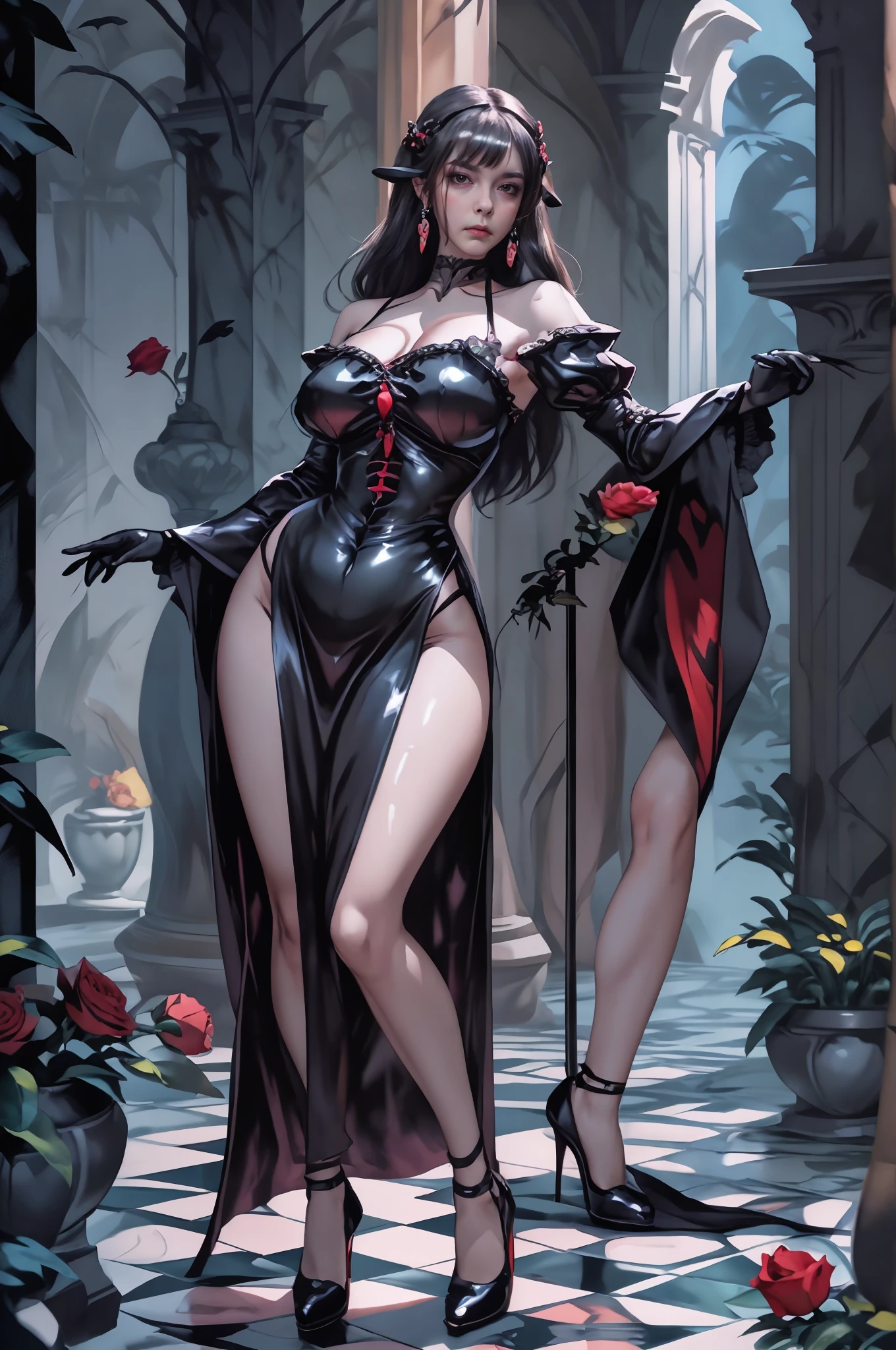 s0fth0rns,(8k,high resolution,masterpiece:1.2),actual,photo-actual:1.37,Demon girl with s0fth0rns,red corner,Beautiful and delicate eyes,Beautiful and delicate lips,Extremely detailed eyes and face,long eyelashes,Sexy long black hair,fiery red eyes,Wearing a dark flowing robe,Floating in a misty forest under the moonlight,Red eyes penetrate the darkness,The soft and ethereal light illuminates her graceful figure,Subtle shadows dance around her,Red roses surrounded by thorny vines,A sinister yet fascinating presence.,Depicted with dark and dramatic chiaroscuro lighting,Create an unforgettable and charming atmosphere,A clever fusion of traditional oil painting and digital art,evoke a sense of mystery and,Perfectly capturing the duality of beauty and darkness in the enchantress.