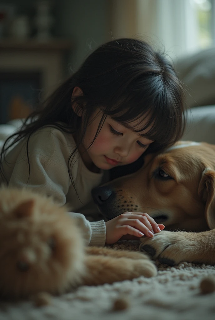 Picture an 18 year old European woman praying in a room while cozy with a small dog lying next to her as it rains outside the window .