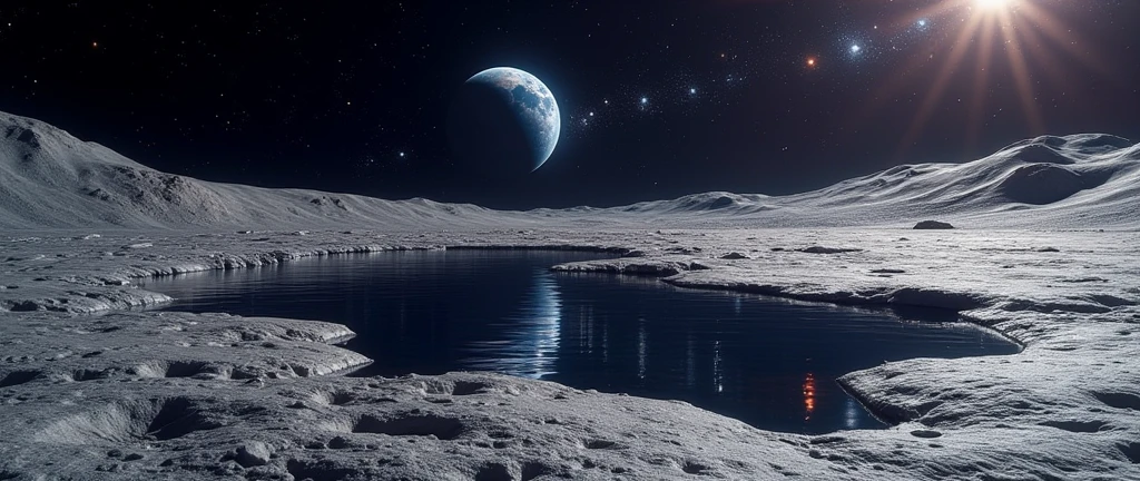 Very realistic accurate depiction of the moon's surface.There is a quiet lake on the moon. The lake is reflecting the earth and the beautiful stars of the universe.photo of the moon surface.landscape,realistic