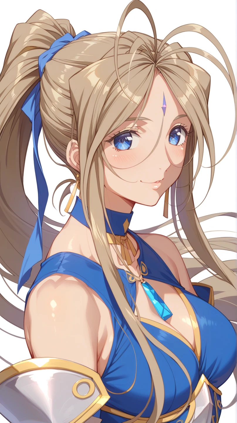 (Belldandy:1.25)、 1 woman、solo、25-year-old woman、Light brown hair、Shiny Hair、 high ponytail 、 blue eyes、Glamorous eyes、 textured skin、female knight、Valkyrie Armor、 standing、front、 high definition ,  best quality、 Detailed Details ,  golden hair ornament、 Gold Earrings、 choker、 smiles、 blur the background :1.2)、