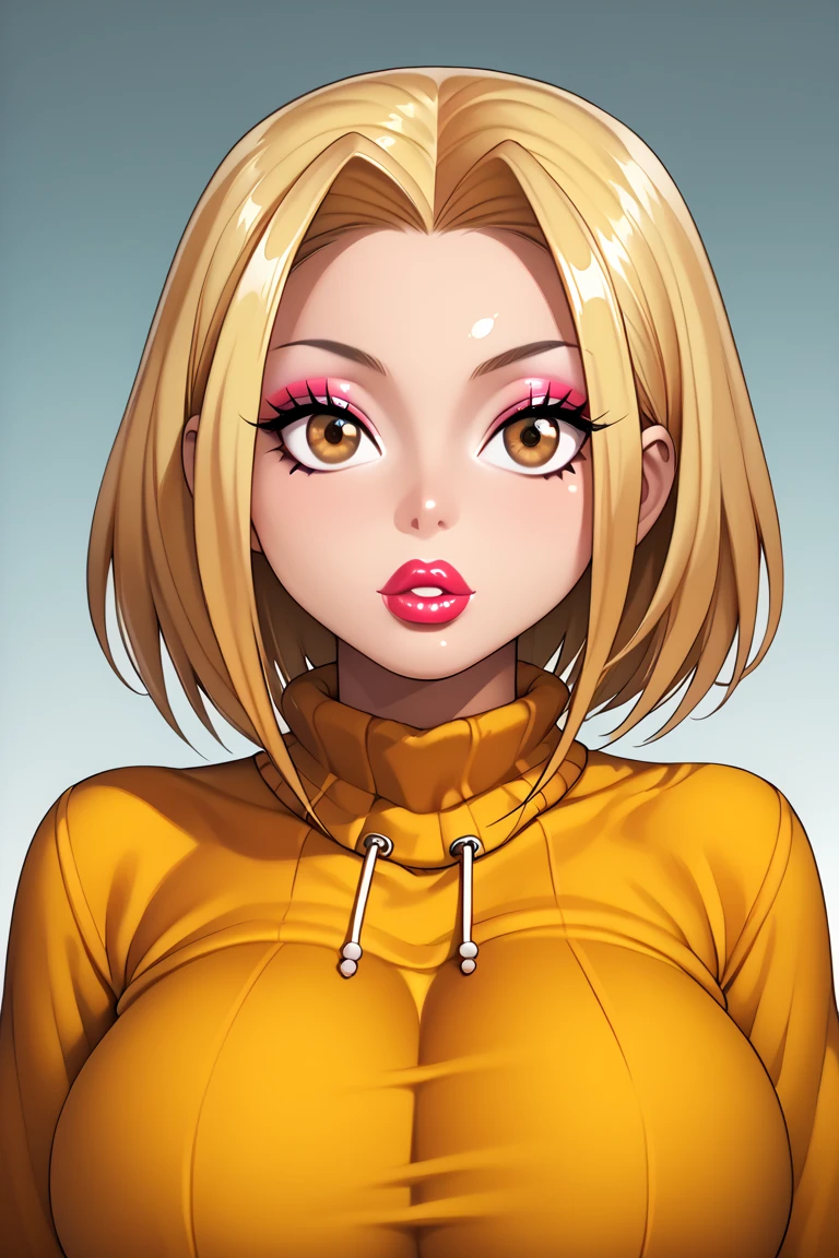 
score_9, score_8_up, score_7_up, 1 overly-busty girl, lolita, jadechan, short black hair, youthful, solo, upper body,looking at viewer, white background, voluminous long blonde hair, makeup , parted lips, lipstick, eyeliner, bimbo, slutty, gyaru woman, gigantic breasts, sweater, amber-brown gradient eyes