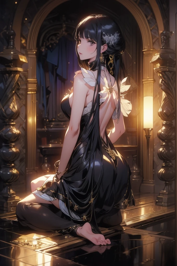 (Masterpiece),(of the highest quality),((long hair:1.3)),(Yellow headband:1.3),(Black hair),(Solo),Black costume,All Gothic Lolita costumes are black cloth:1.3,((One-piece type costume)),Elegant and elegant Gothic Lolita,Have a bouquet of white flowers,Stretching the body,Relaxed,Venice,chapel,Large space,Inside the cathedral with high ceilings,Destroyed and the interior is damaged,Bust-up composition, Built for cameras,oriented,Awe-inspiring scenery,((small udder)),((skinny thigh)),Soft skin, High school students,Tall,Mature body,Nice big blue eyes, (High detail eyes),A look of compassion,Eyes open,Looking at the camera, Glittering decoration based on white,Stylish atmosphere,Beautiful scenery,Overhead configuration, f lare, Fine Features, Perfect Anatomy Tommy, Centered, Perfect distance, Highly detailed, with an intricate, acurate, Highly detailed rich colors, taming, Rich colors, clean, Rich colors, elaborate details, golden ratio illustrations