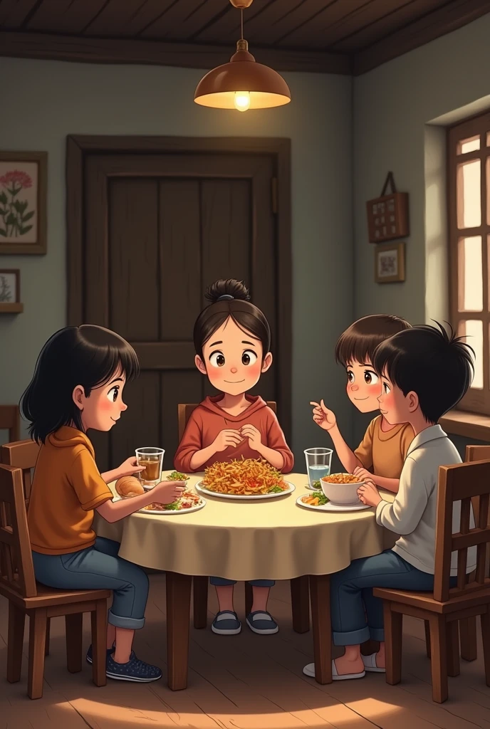 a large family of young adults sitting at the table having a large meal, studio ghibli art style, studio ghibli art style, studio ghibli art style, studio ghibli art style