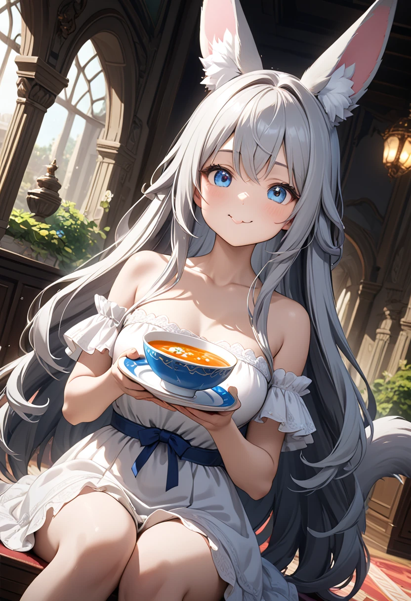 girl、cute、blue eyes、Gray Hair、Long Hair、fur-like、Animal ears、Tail、White Dress、Mini Pleated Skirt、masterpiece、Noise Reduction、Perfect Anatomy、High Resolution、Super detailed、Game CG、Dutch Angle、 exquisite details、visual arts、Hand drawn perfect、Bright lighting、smile、Daylight、fantasy、palace dining room、sitting、eating soup、