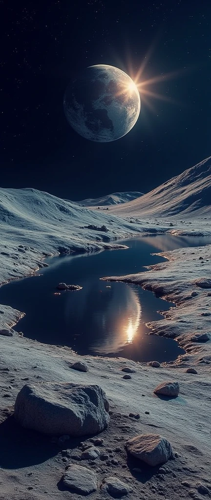 Very realistic accurate depiction of the moon's surface.There is a quiet lake on the moon. The lake is reflecting the earth and the beautiful stars of the universe.photo of the moon surface.landscape,realistic