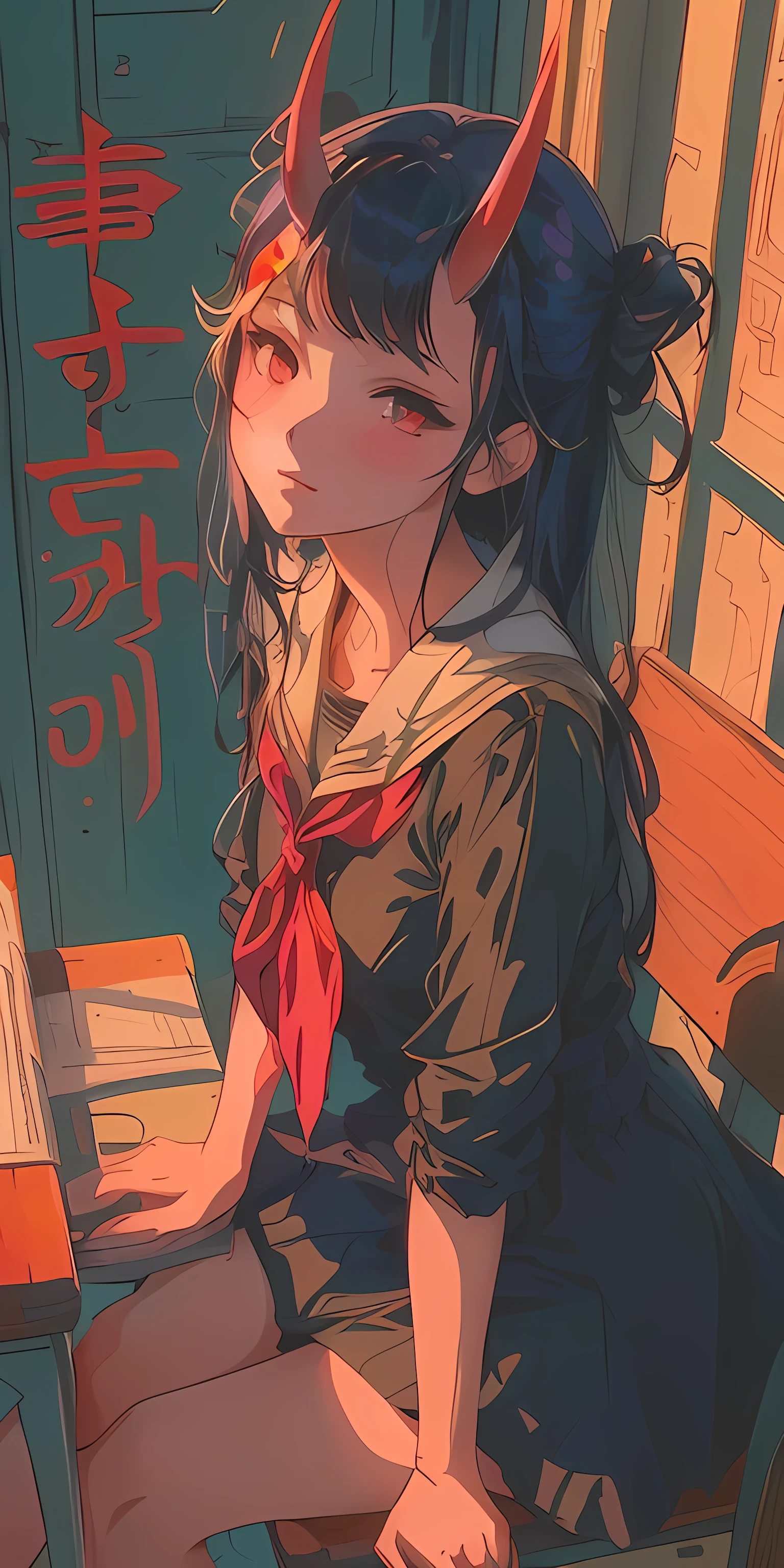 (best quality, masterpiece),(1girl, trench coat,expression face,a woman sitting at a table with a book and a demon's head, artwork in the style of guweiz, anime aesthetic, anime style illustration, beautiful anime art style, anime styled digital art, clean detailed anime art, beautiful anime style, in an anime style, anime style artwork, guweiz, in anime style, anime style art, anime vibes