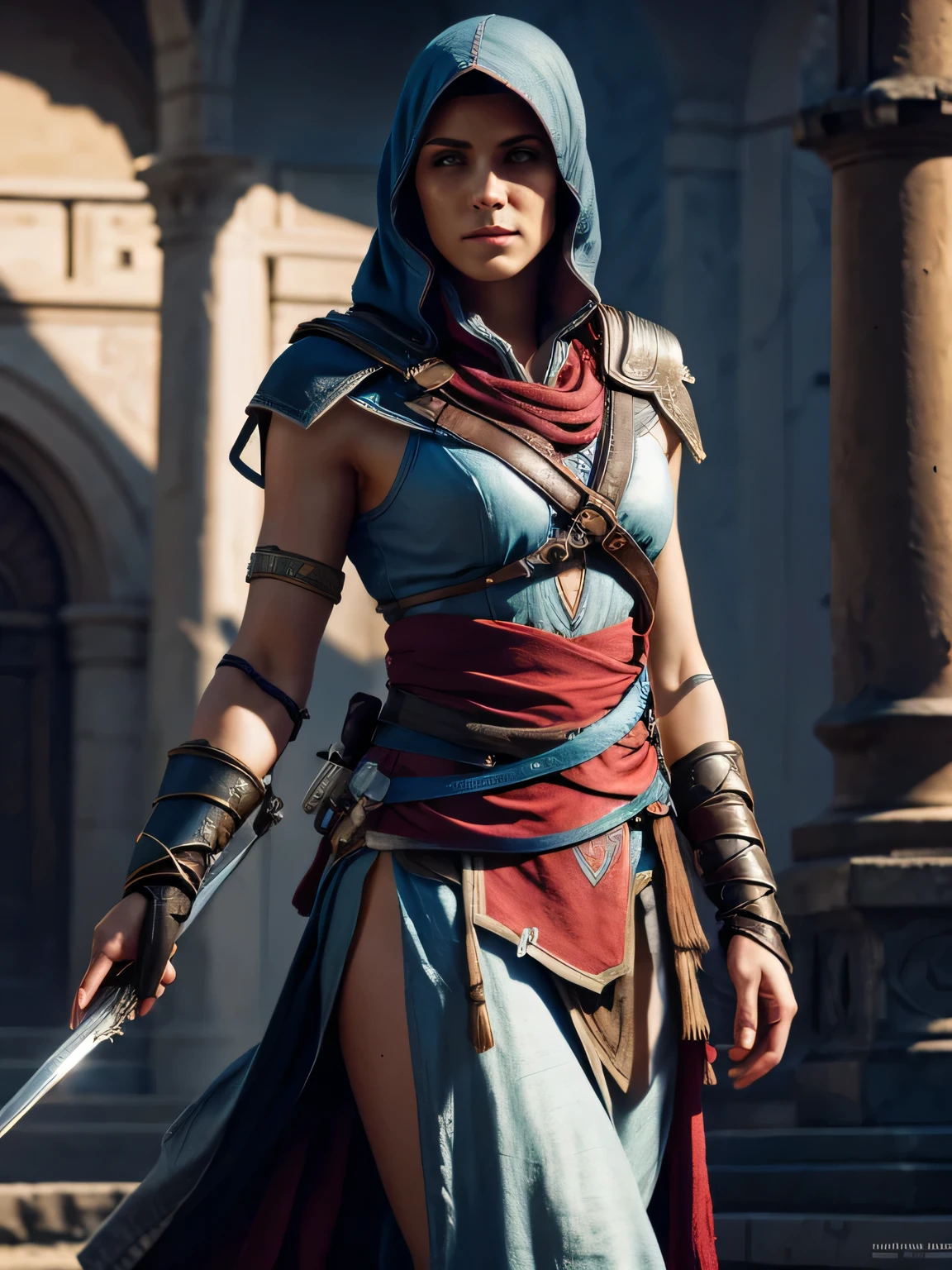 A  girl, Стиль Assassin's Creed, Short Egyptian Sleeveless Dress, Little clothes, tattooed body, bare footed, ankle bracelets, on roof, Pyramid in the background, higly detailed, Realistic full-length photography, 4k