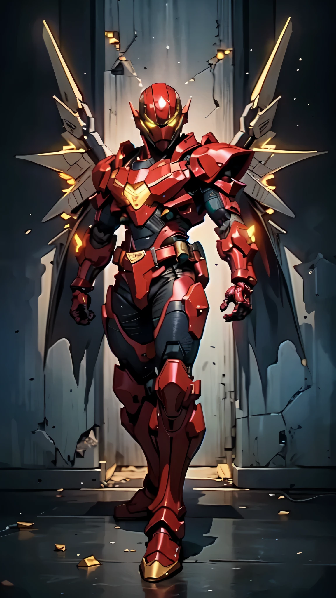 (masterpiece:1.5, best quality:1.5, extremely delicate:1.5), ((male:1.5)), a man wearing a full-face helmet, high-tech biomimetic armored combat suit, (a composite layered chest armor), the design balances heavy with agility, fully enclosed shoulder guards, matching arm and leg guards, a belt of gemstone, (the color scheme is primarily Red with Green and Yellow accents, Organic Biotech, Concept Inspired by Kamen Rider, glowing eyes, armor glows), stand of a futuristic sci-fi city, this character embodies a finely crafted fantasy-style armored hero in anime style, exquisite and mature art style, metallic, high definition, highres, ultra-detailed, ultra-fine painting, professional, perfect body proportions, golden ratio, anatomically correct, symmetrical face, extremely detailed eyes and face, high quality eyes, creativity, RAW photo, UHD, 32k, Natural light, cinematic lighting, (masterpiece-anatomy-perfect:1.2)