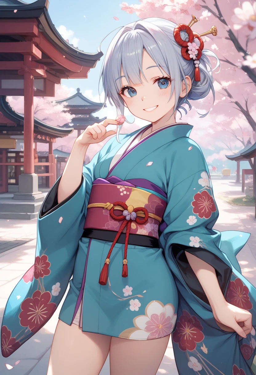 masterpiece, best quality, score_9, score_8_up, girl, petite, smile, cowboy shot, kimono,