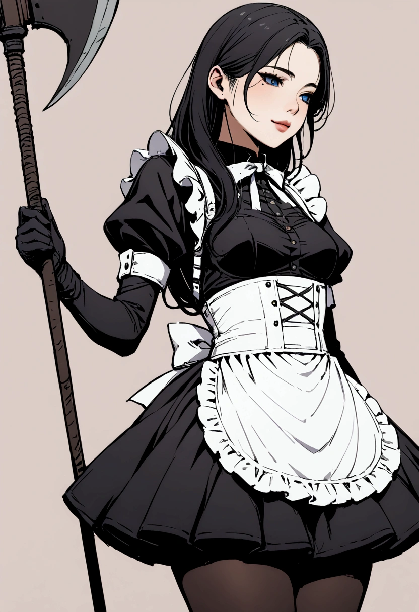 Girl. Long black hair, straight and silky. Blue eyes. Delicate features. Small breasts. Curvy waist. Lips curled into a slight smile. Wearing a combat maid outfit with long, dark pantyhose. A mole under her right eye. Is an Android. With a big scythe at her back. Background is a company. 8k. Best quality. Standing on her feet.