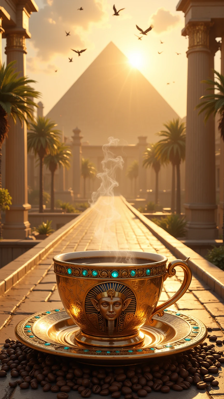 Realistic illustration for advertising , , 1 very short and low coffee cup made of polished gold ,  In the center of the coffee mug, the three-dimensional Eye of Horus motif is engraved ,  The area around the eye of Horus pattern is a hieroglyphic pattern ,  The top rim of the glass is adorned with luminous turquoise diamonds arranged in an orderly horizontal way. , . Inside the coffee mug there is a glossy black hot Americano coffee cup. ,  There is coffee smoke billowing out of the coffee mug elegantly but still looking natural. ,  The view of the image clearly shows the hot Americano coffee water inside the coffee cup , The coffee cup holder ear is on the right hand , A coffee mug is placed on a coffee coaster made of polished gold , The coffee saucer engraved with the heroic motif ,  The area around the coffee cup contains the same size of complete coffee beans placed together naturally inside the coffee saucer. , . The area around the coffee saucer contains complete coffee beans of the same size in large numbers, placed together naturally on the street floor.,  Coffee cups and coffee coasters are located on the ancient Egyptian stone road in the lower center position of the image , THE ANCIENT EGYPTIAN STONE ROAD IS A VERY HIGH-RISE BRIDGE CONNECTED FROM THE CENTRAL POSITION OF THE BACKDROP.,  The background is the great Pyramid of Giza, mixed with A variety of Roman columns and a harmoniously ornate Babylonian floating garden, On the left and right are large palm trees lined up to the background of the image , , the details of the architecture behind can be seen in detail and clearly through the perspective seen from the front. ,  in the sunset sky. A large and glorious morning that is shining brightly over every corner of the image , . The atmosphere of the picture is covered with a warm and soft morning golden light. ,  In the sky there are bright morning clouds , In the sky there are many flying birds 