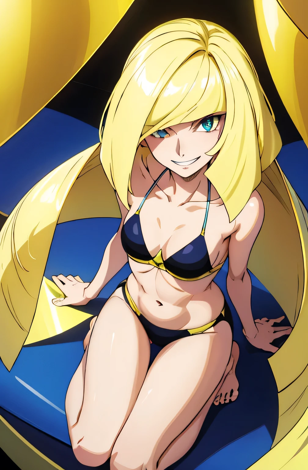 lusamine, evil smile, méchant , bikini , visage sournois ., sourire sournois, cheveux blond, erotic pose, small breast, barefoot, looking down on the viewer with contempt