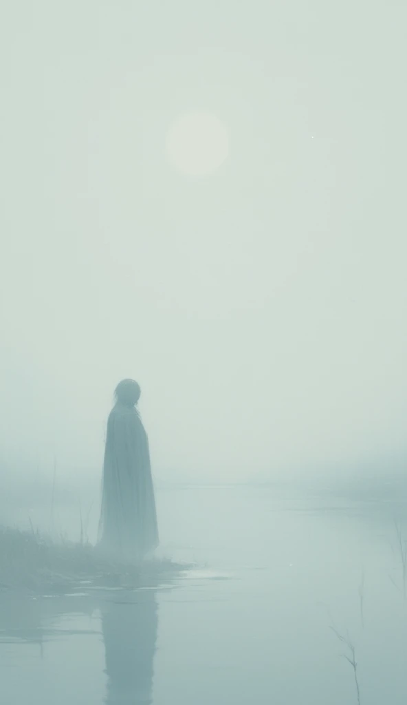 in a dream, Shadow shaped girl nodding off is stand in a blur. only lake just quietly swaying. human shape slightly reflected on the lake. Nothing living. only just a white world, a landscape. surrealism, dreamlike, loneliness,focus on the lake, great focus on the lake