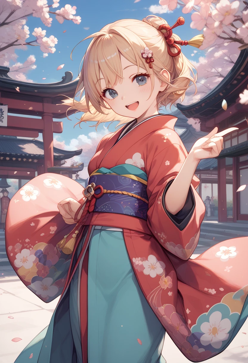 masterpiece, best quality, score_9, score_8_up, girl, ite, smile, open mouth, cowboy shot, kimono,