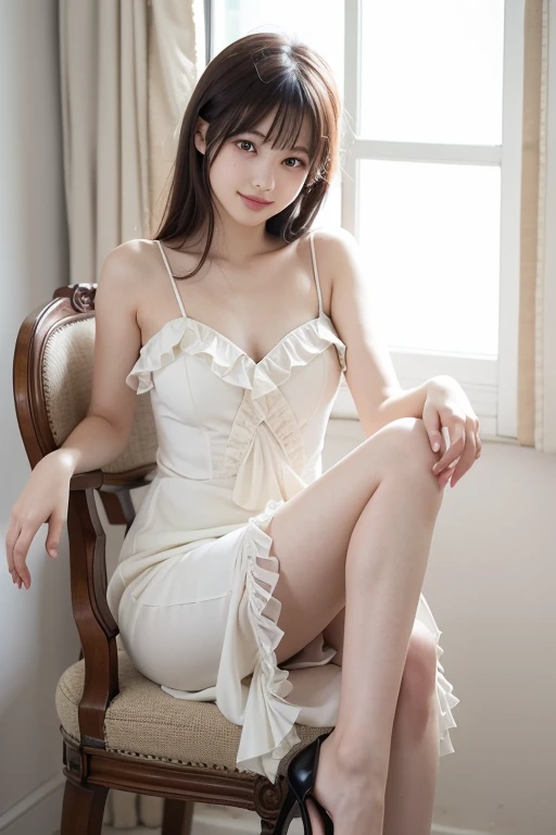  Japanese model woman is sitting on a chair wearing a dress and heels,  Elegant Dress ,  white and black dress ,   romantic dress, Rococo style ruffle dress ,  Feminine Girly Dress , wearing an  Elegant Dress ,   royal elegant pose , Wear a white dress 、 looking at the camera、Detailed and beautiful eyes、 cute smile、Soft and gentle relaxed expression 