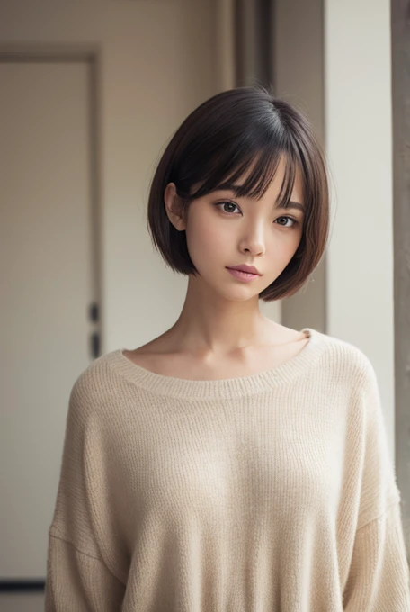 ((masutepiece,top-quality)), (photographrealistic:1.4),((masutepiece,8K)),hight resolution,Studio Soft Light, Rim Lights, vibrant detail, realistic skin textures,Japanese, 1 beautiful woman, Short hair, Wave hair, faint thin bangs, make - up, 38 years, Detailed skin, White background, White Room,white walls, fully body photo,