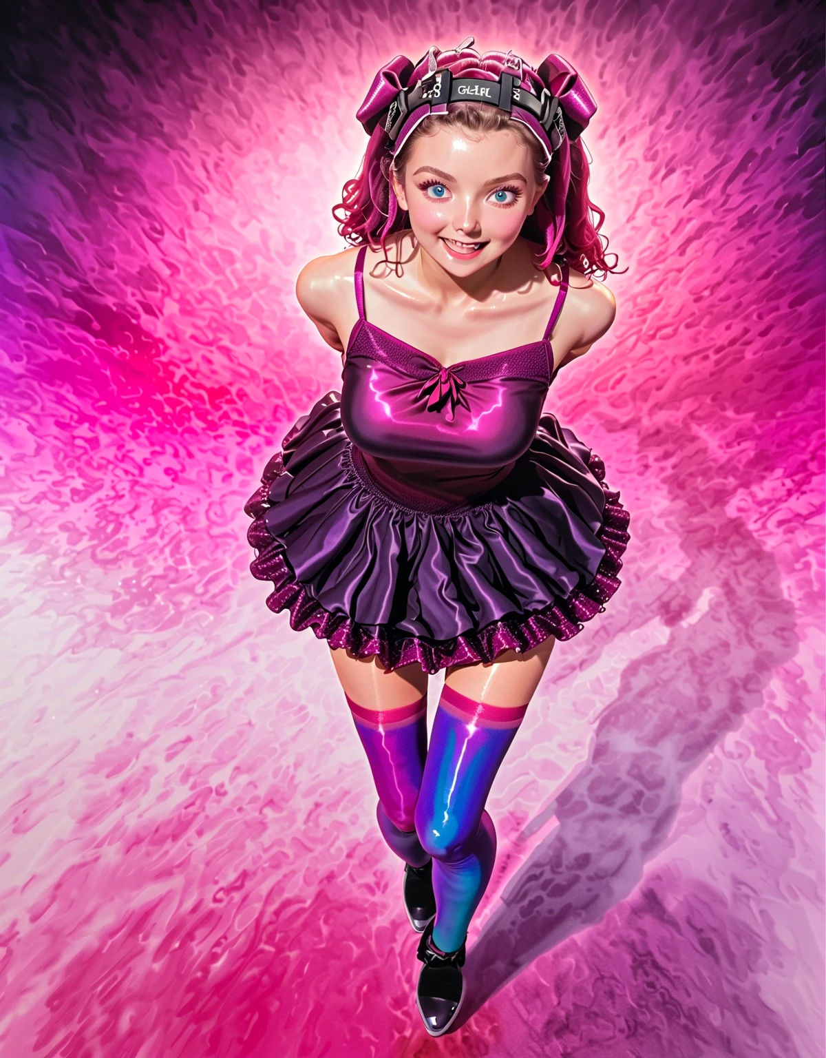 IrysUnderwear, heterochromia, long hair, black dress, sleeveless dress, short dress, purple thighhighs, gradient legwear, loose socks, good anatomy, shiny skin, two arms, two legs, laugh, dynamic pose, (looking at viewer), Shiny, skin,