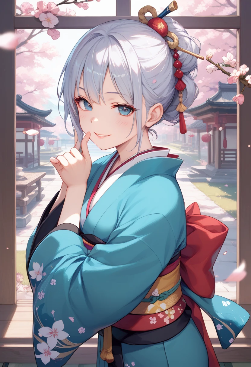 masterpiece, best quality, score_9, score_8_up, girl, petite, seductive smile, kimono,