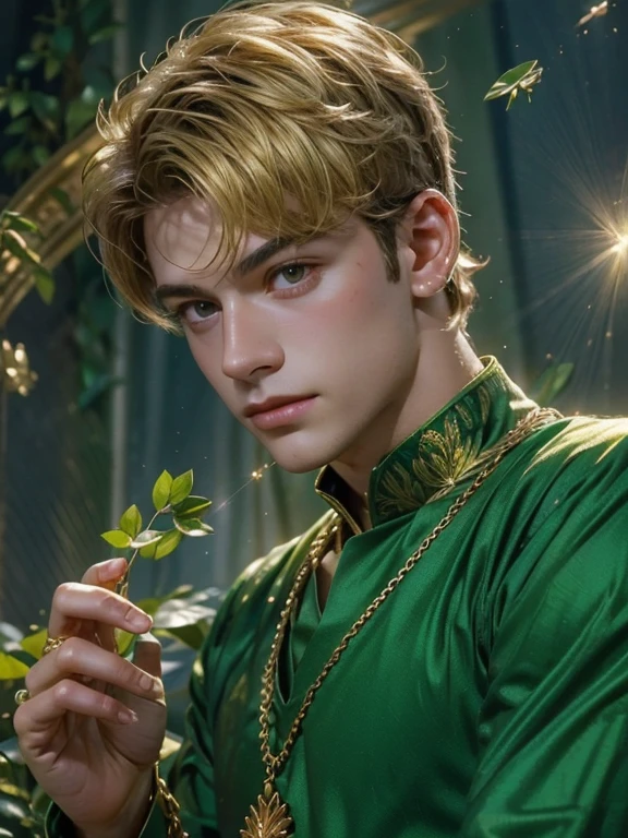 
Portrait of a beautiful boy ,  close-up of a sparkling golden long necklace in the shape of clover leaves on a man's neck,  until his hand reaches the necklace .  gold hair ornaments .  The surrounding space is filled with glowing tiny gold particles ,  loose royal shirt of a sparkling emerald .