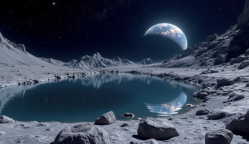 Very realistic accurate depiction of the moon's surface.There is a quiet lake on the moon. The lake is reflecting the earth and the beautiful stars of the universe.photo of the moon surface.landscape,realistic.Space photo by NASA