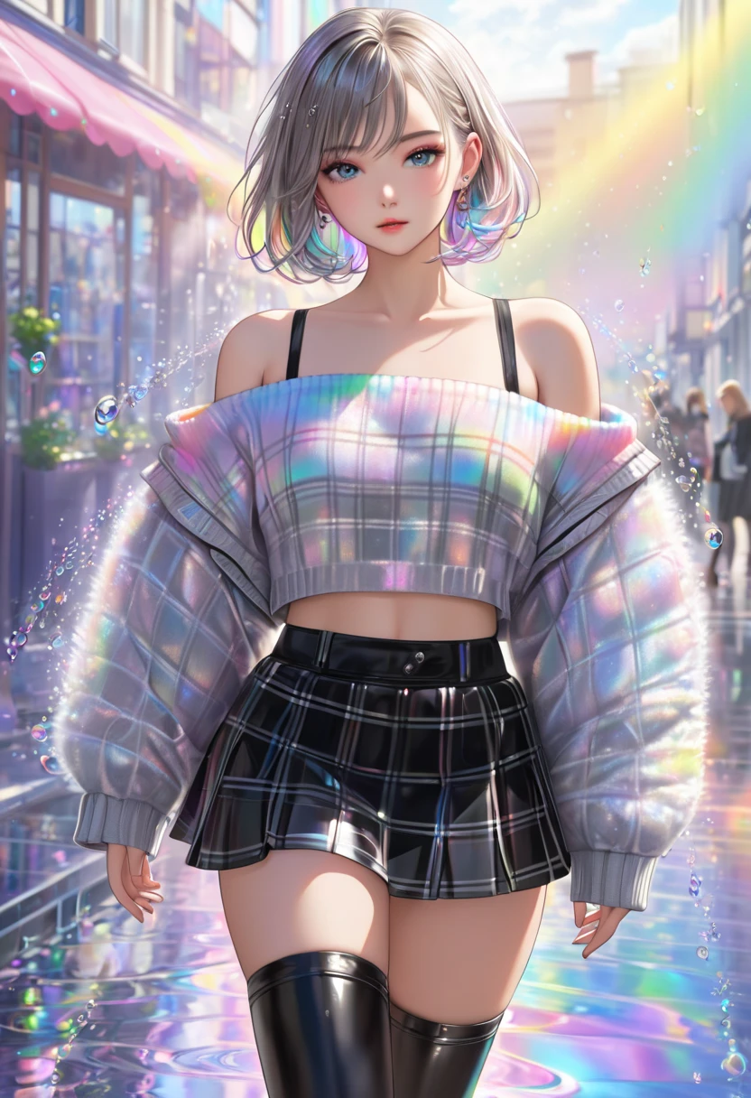 Cool Beauty,  silky, silky, slightly disheveled short hair with a silvery sheen,  Adorable and lewd look  ,  charming eyes, Best Style,  black wide open shoulder crop top 、 wearing a large, fluffy, girly sweater,  Burberry check flared skirt ,  black thigh length boots , Rainbow-colored water droplets reflecting sunlight cover the background ,  super detailed,  high definition ,   Masterpiece 