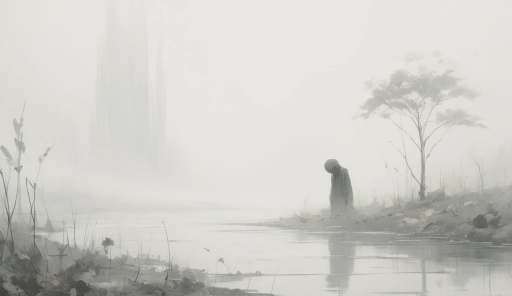 in a dream, Shadow shaped girl nodding off is stand in a blur. only lake just quietly swaying. human shape slightly reflected on the lake. Nothing living. only just a white world, a landscape. surrealism, dreamlike, loneliness,focus on the lake, great focus on the lake