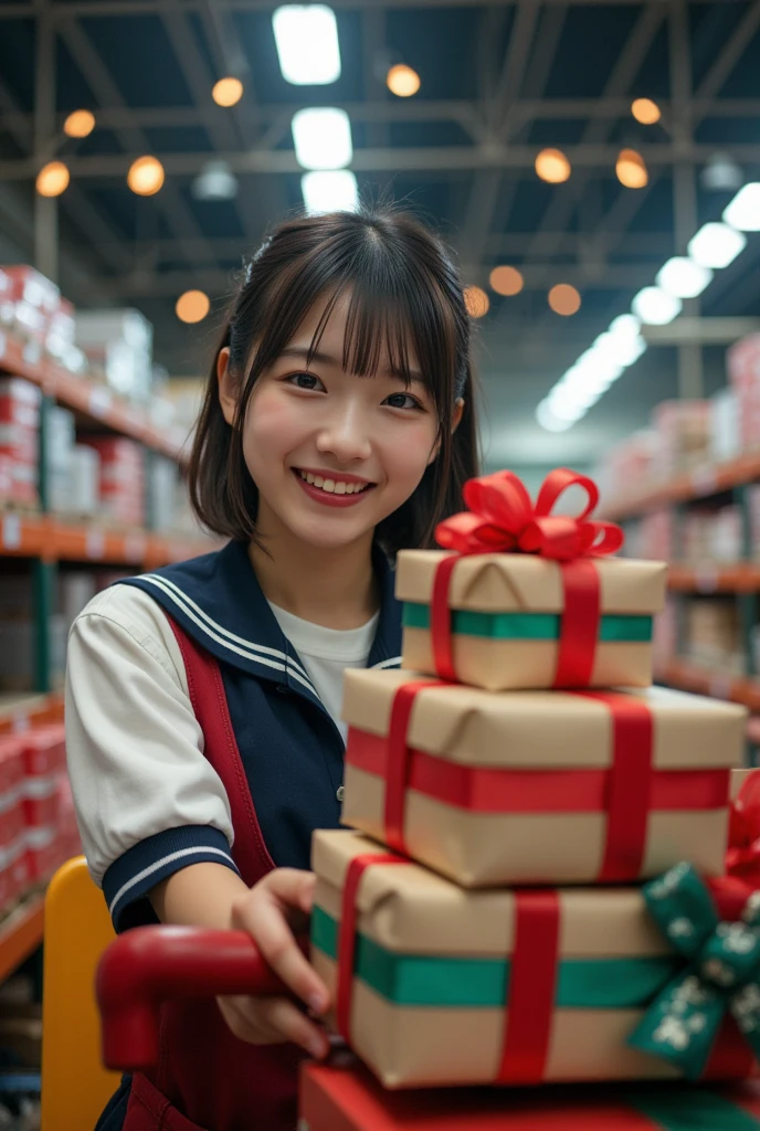 documentary photo, ultra-realistic, photorealistic, dramatic scene, shadow, global-illumination, she is Japanese high school student girl, she is showing her cheerful smile, detailed face skin texture, wearing a sailor uniform, She drives a forklift full of colorful decorated Christmas gift boxes at the factory warehouse, the factory is decorated with festive Christmas illuminations, In a vast warehouse the festive decorated large boxes of Christmas gifts are neatly organized and stacked from floor to near ceiling, shoot from side, smile