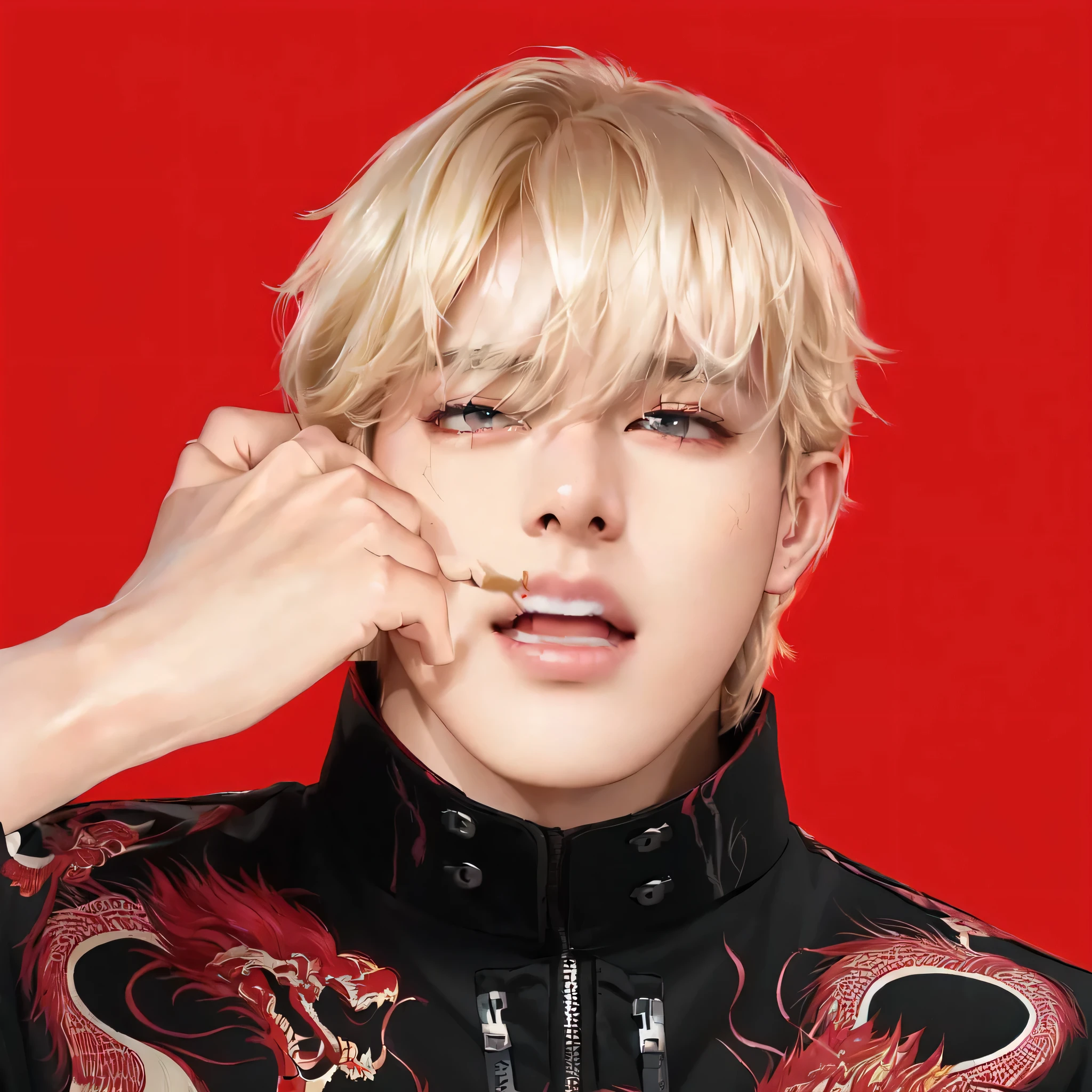 blond haired man with a dragon print shirt on posing for a picture, cai xukun, portrait of kpop idol, jimin, portrait taehyung  key still, kanliu666, blonde haired Taehyung, inspired by Kun Can, bright red eyes, key anime visuals, jia, kaneki ken, portrait of ultra realistic, taehyung eating gucci fries