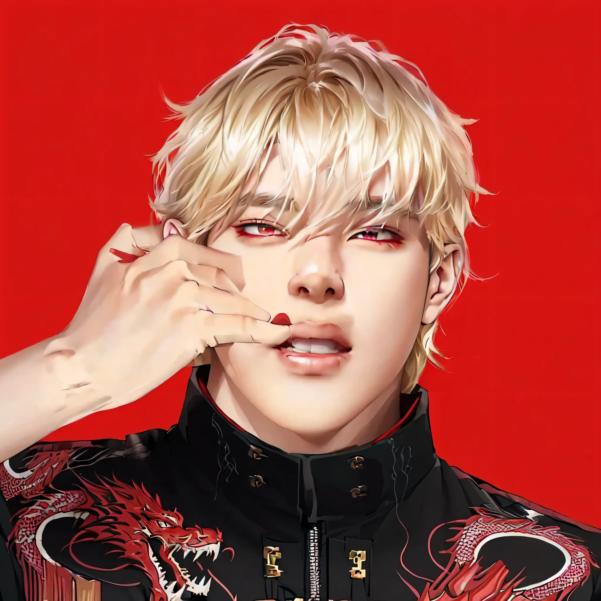 blond haired man with a dragon print shirt on posing for a picture, cai xukun, portrait of kpop idol, jimin, portrait taehyung  key still, kanliu666, blonde haired Taehyung, inspired by Kun Can, bright red eyes, key anime visuals, jia, kaneki ken, portrait of ultra realistic, taehyung eating gucci fries