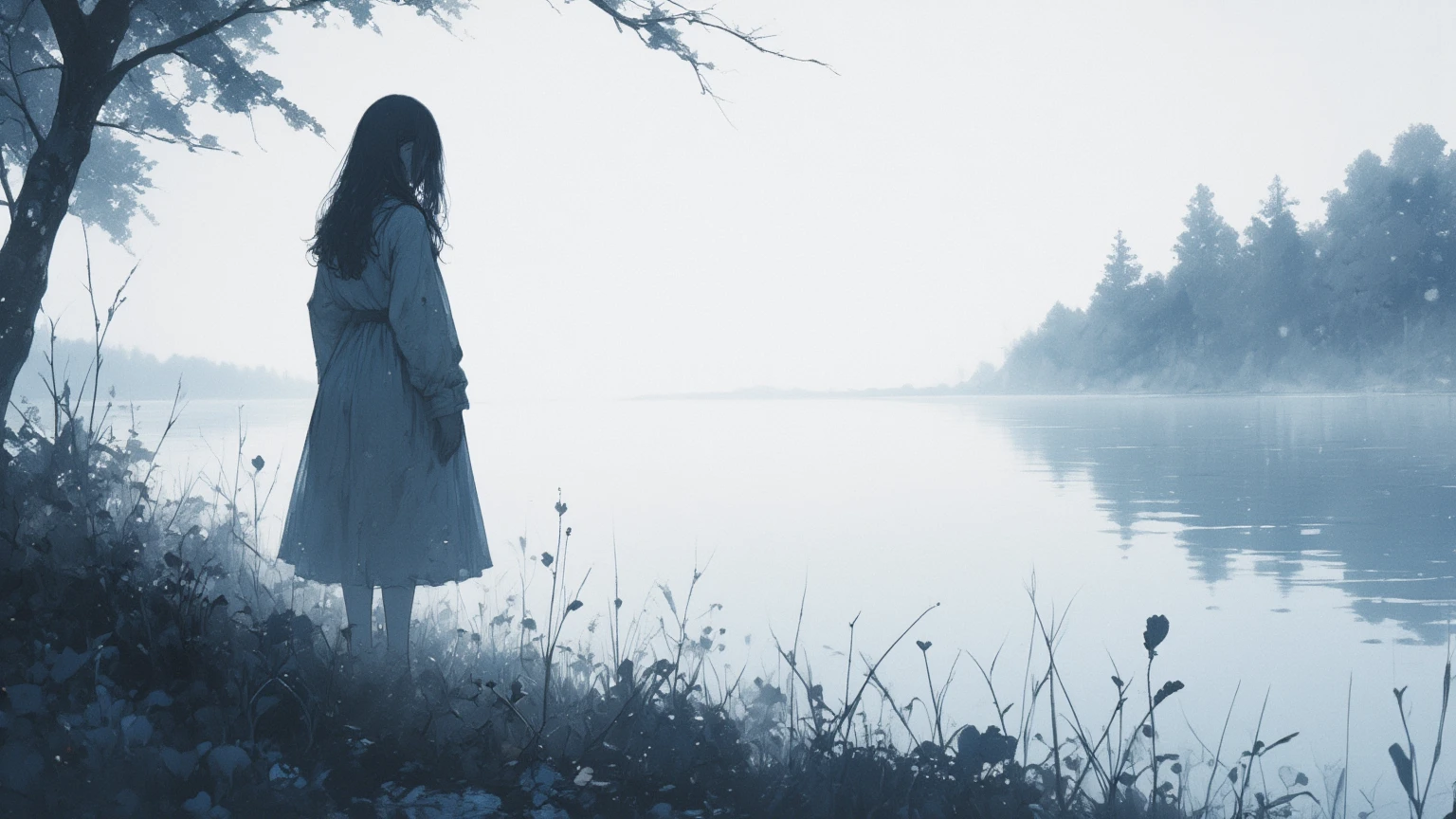 in a dream, Shadow shaped girl nodding off is stand in a blur. only lake just quietly swaying. human shape slightly reflected on the lake. Nothing living. only just a white world, a landscape. surrealism, dreamlike, loneliness,focus on the lake, great focus on the lake