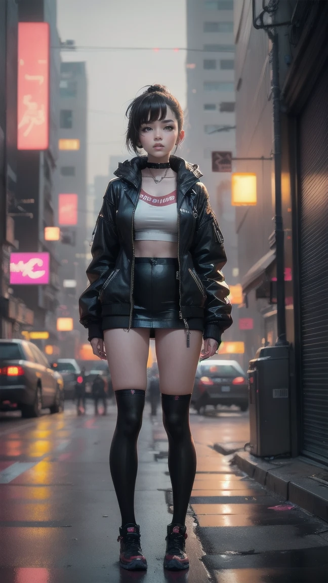 masterpiece, (photorealistic:1.4), best quality, beautiful lighting, (ulzzang-6500:0.5), lucy \(cyberpunk\), 2girls, standing, dock, sea, harbour, boats background,bangs, belt, black belt, dark grey latex body suit, long plastic coat, white pants, blurry, bob cut, nipples, building, cityscape, night sky, night, neon glow, city lights, clothing cutout, cropped jacket, cyberpunk, depth of field, from side, grey eyes, grey hair, silver hair, jacket, lips, long sleeves, looking afar, looking ahead, mechanical parts, medium breasts, off shoulder, open clothes, open jacket, outdoors, pants, parted lips, railing, blue eyeliner, science fiction, short hair with long locks, sidelocks, standing, upper teeth only, cyberpunk edgerunners, 8k uhd, film grain, wide shot, bad aspect ratio, full body, woman, dark glasses on head, doc marten boots black red soles, small earings, hair band black, weather, baseball cap, rain, water drop, provocation, gun in thigh holster,
