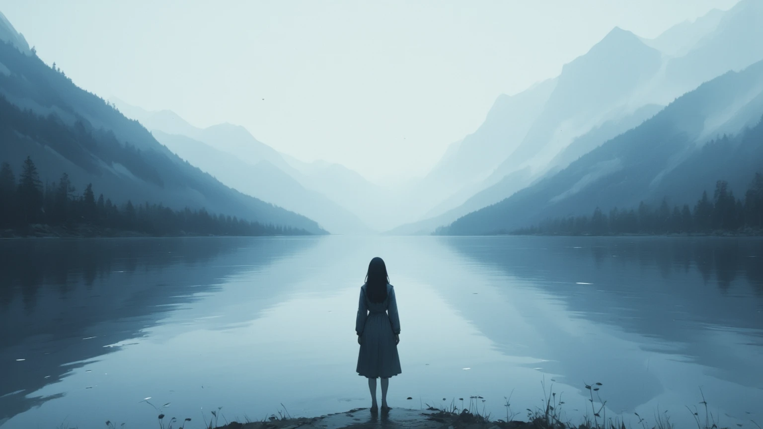 in a dream, Shadow shaped girl nodding off is stand in a blur. only lake just quietly swaying. human shape slightly reflected on the lake. Nothing living. only just a white world, a landscape. surrealism, dreamlike, loneliness,focus on the lake, great focus on the lake