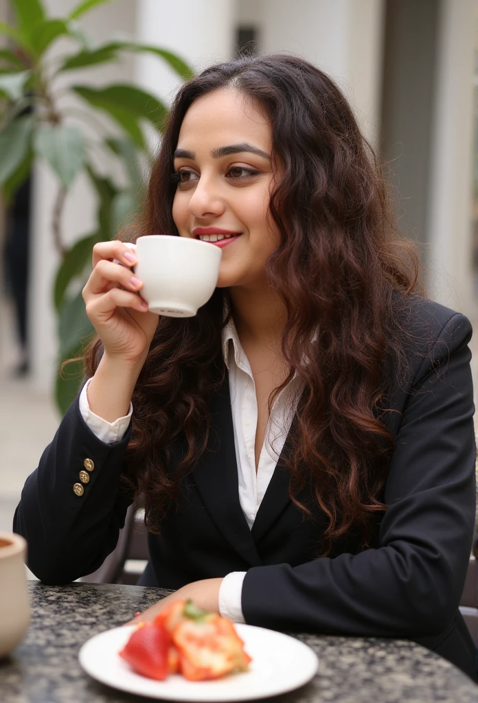 8k, best quality, head of&#39;artwork, realistic, ultra detailed, photo realistic, Augmenter la qualité, 
une photo d&#39;a girl on a terrace drinks her coffee with a slice of strawberry cake, long brown hair,pose à table avec un décor de luxe,brune,style classe élégant,dress classy heels suit and white blouse marked chanel ,cosy,elegant,dans le style d&#39;a dark and brooding designer, masse volumineuse, photobash, visages sexy, irregular edges, marine, natural beauty,jambes parfaites,corps naturel,poses sexy,Photo en gros plan