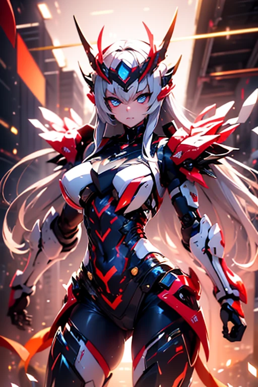 (masterpiece), (best quality:1.4), (perfect anatomy:1.4), high quality, expressive eyes, full body, tall girl, detailed face, beautiful face, perfect face, breasts, cleavage, gloves, huge breasts, cyberpunk, (black armor), long hair, ((tanned skin)), straight hair, detailed (ash gray hair), detailed eyes, (yellow eyes), fox ears, fox tail, hourglass physique, bodysuit, thick thighs, toned, emblem, superhero, dynamic lighting, 4k resolution, dynamic pose, cover, mecha musume, fortified suit, mechanical parts, headgear, robot joints, bodysuit, deva battle suit, glove