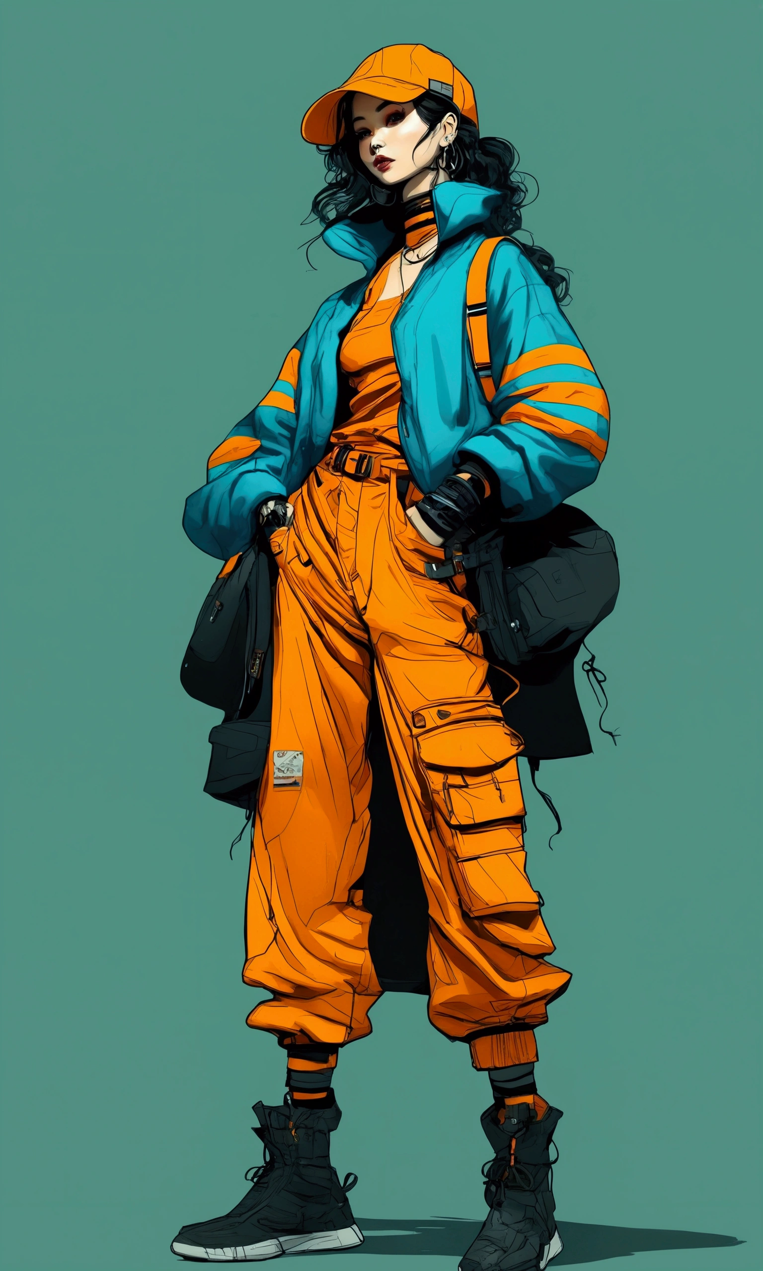    takes full body   ,     a woman wearing a jacket and wide black pants with a hat with visor black sneakers with orange stripes,   long strap straps on jacket and pants Cyberpunk art by Russell Dongjun Lu  , Trend in CG Society, arte digital, Cyberpunk streetwear,  Techwear appearance and clothing  , wearing Cyberpunk streetwear,   Technological clothing of the future  , futuristic techwear,  cyberpunk style ,  Cyberpunk technical clothing , technological fashion ,   Cyberpunk character design  , cyberpunk clothing,    vector art by Yamagata Hiro   ,  Trend in CG   , esteticismo,  in blue and yellow clothes , anime    Full body illustration   ,    Full body illustration   ,    illustration style   ,   bright and cheerful colors ,  clothing warm colors , Phone background, y2k style, y2k style,   beautiful art style  