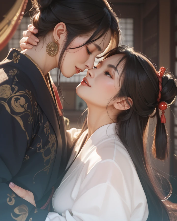 "Capture moments of passion and intimacy: Two Women, Deeply in love, Hug tightly, Share a passionate kiss."The upper part of the body