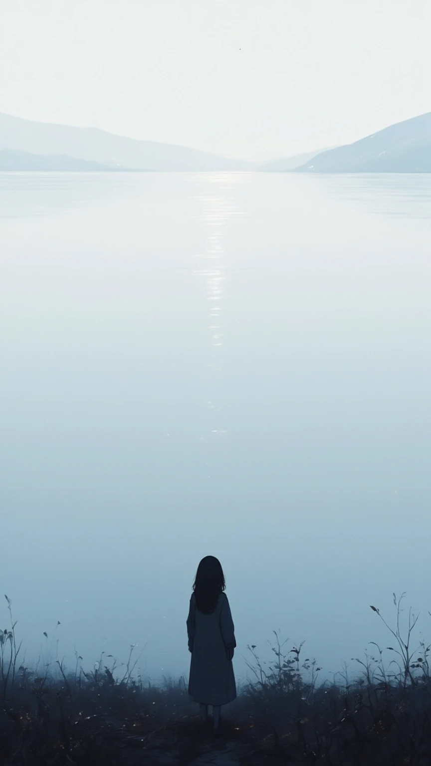 in a dream, Shadow shaped girl nodding off is stand in a blur. only lake just quietly swaying. human shape slightly reflected on the lake. Nothing living. only just a white world, a landscape. surrealism, dreamlike, loneliness,focus on the lake, great focus on the lake