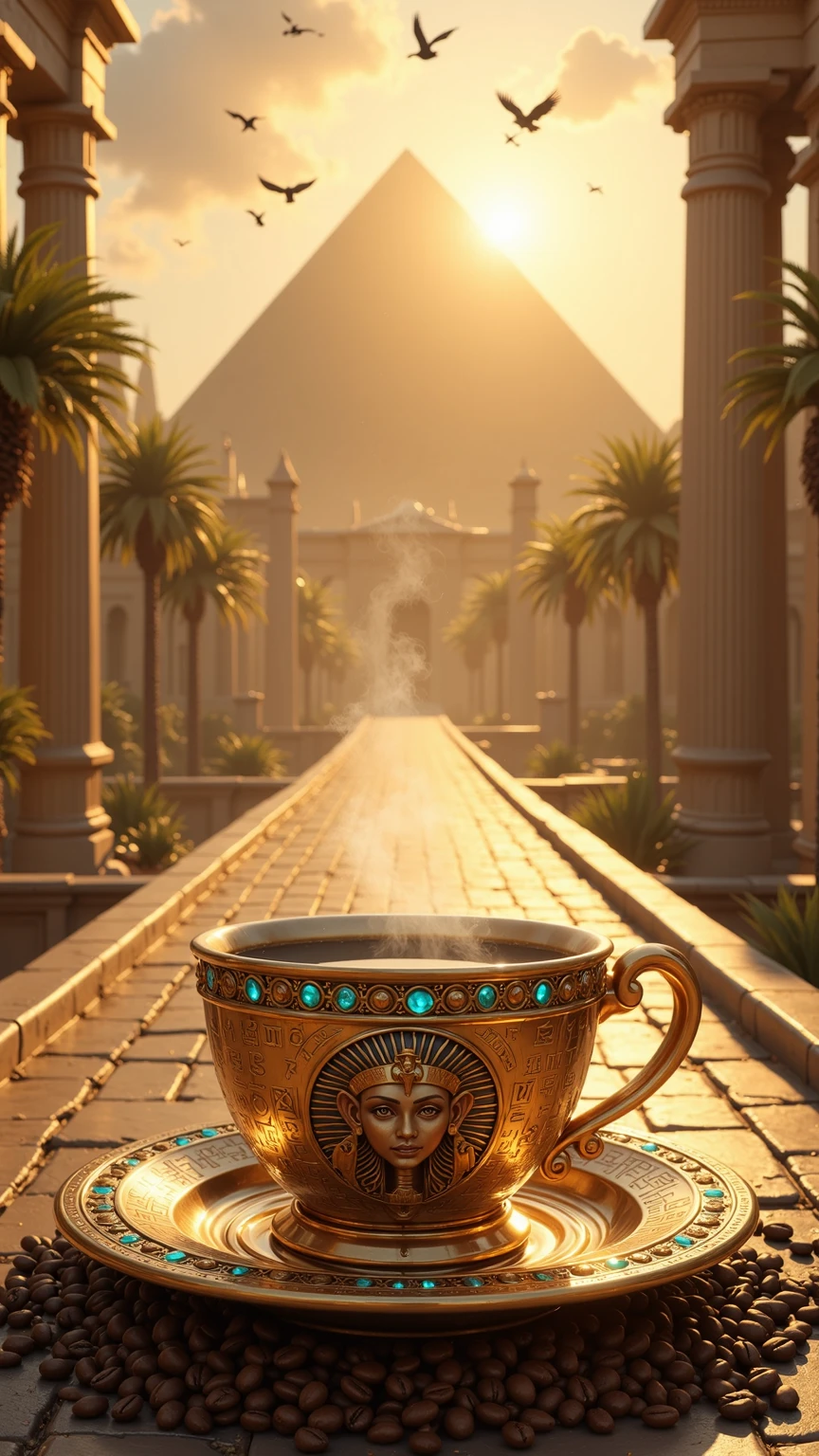 Realistic illustration for advertising , , 1 very short and low coffee cup made of polished gold ,  In the center of the coffee mug, the three-dimensional Eye of Horus motif is engraved ,  The area around the eye of Horus pattern is a hieroglyphic pattern ,  The top rim of the glass is adorned with luminous turquoise diamonds arranged in an orderly horizontal way. , . Inside the coffee mug there is a glossy black hot Americano coffee cup. ,  There is coffee smoke billowing out of the coffee mug elegantly but still looking natural. ,  The view of the image clearly shows the hot Americano coffee water inside the coffee cup , The coffee cup holder ear is on the right hand , A coffee mug is placed on a coffee coaster made of polished gold , The coffee saucer engraved with the heroic motif ,  The area around the coffee cup contains the same size of complete coffee beans placed together naturally inside the coffee saucer. , . The area around the coffee saucer contains complete coffee beans of the same size in large numbers, placed together naturally on the street floor.,  Coffee cups and coffee coasters are located on the ancient Egyptian stone road in the lower center position of the image , THE ANCIENT EGYPTIAN STONE ROAD IS A VERY HIGH-RISE BRIDGE CONNECTED FROM THE CENTRAL POSITION OF THE BACKDROP.,  The background is the great Pyramid of Giza, mixed with A variety of Roman columns and a harmoniously ornate Babylonian floating garden, On the left and right are large palm trees lined up to the background of the image , , the details of the architecture behind can be seen in detail and clearly through the perspective seen from the front. ,  in the sunset sky. A large and glorious morning that is shining brightly over every corner of the image , . The atmosphere of the picture is covered with a warm and soft morning golden light. ,  In the sky there are bright morning clouds , In the sky there are many flying birds 